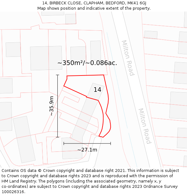 14, BIRBECK CLOSE, CLAPHAM, BEDFORD, MK41 6GJ: Plot and title map