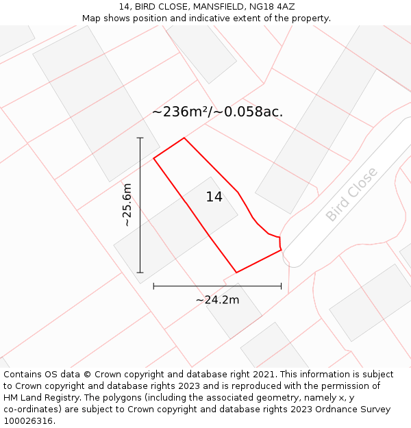 14, BIRD CLOSE, MANSFIELD, NG18 4AZ: Plot and title map