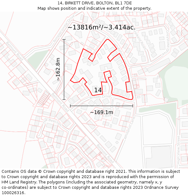 14, BIRKETT DRIVE, BOLTON, BL1 7DE: Plot and title map