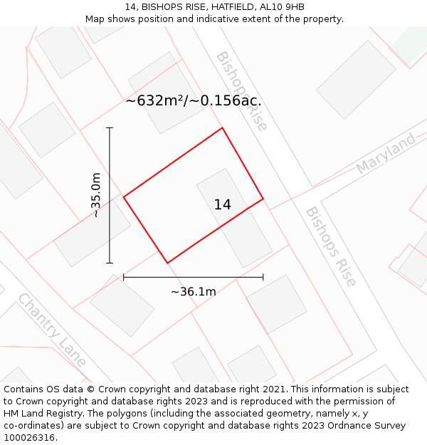 14, BISHOPS RISE, HATFIELD, AL10 9HB: Plot and title map