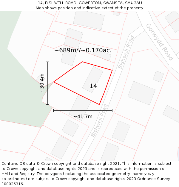 14, BISHWELL ROAD, GOWERTON, SWANSEA, SA4 3AU: Plot and title map