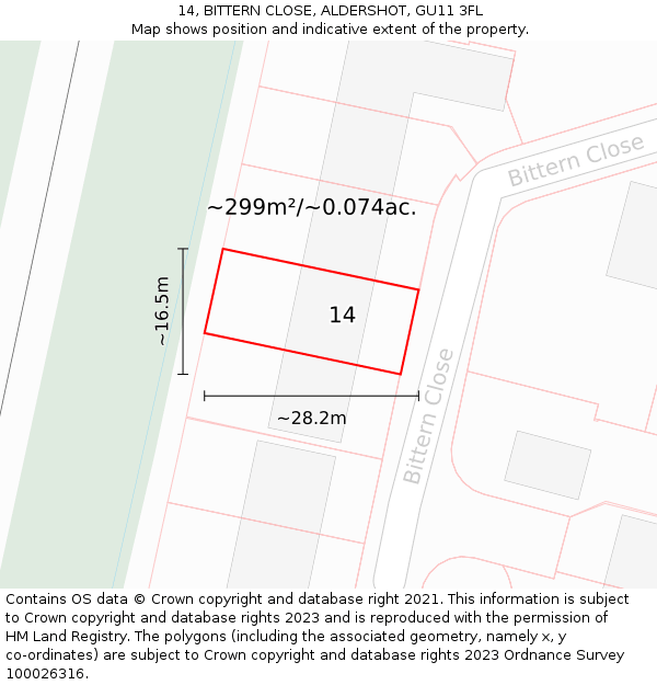 14, BITTERN CLOSE, ALDERSHOT, GU11 3FL: Plot and title map