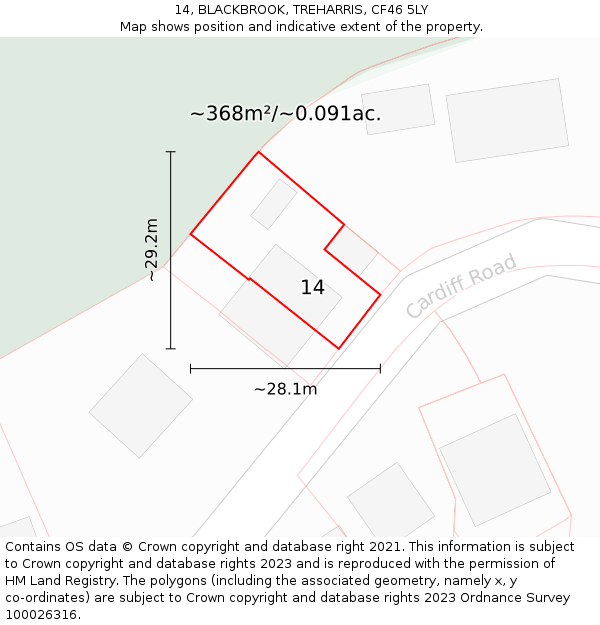 14, BLACKBROOK, TREHARRIS, CF46 5LY: Plot and title map