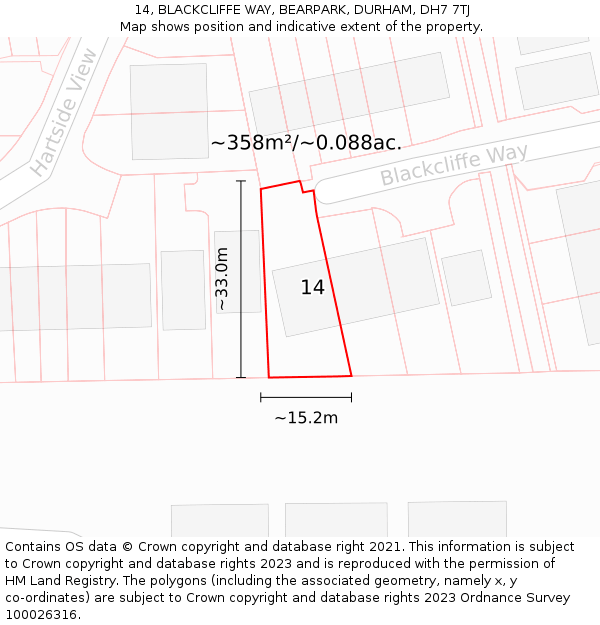 14, BLACKCLIFFE WAY, BEARPARK, DURHAM, DH7 7TJ: Plot and title map