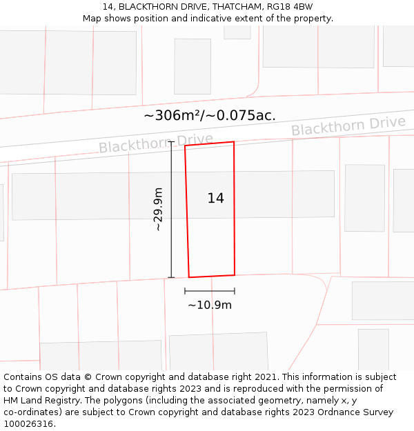 14, BLACKTHORN DRIVE, THATCHAM, RG18 4BW: Plot and title map