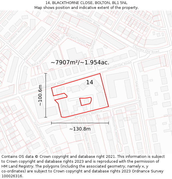 14, BLACKTHORNE CLOSE, BOLTON, BL1 5NL: Plot and title map