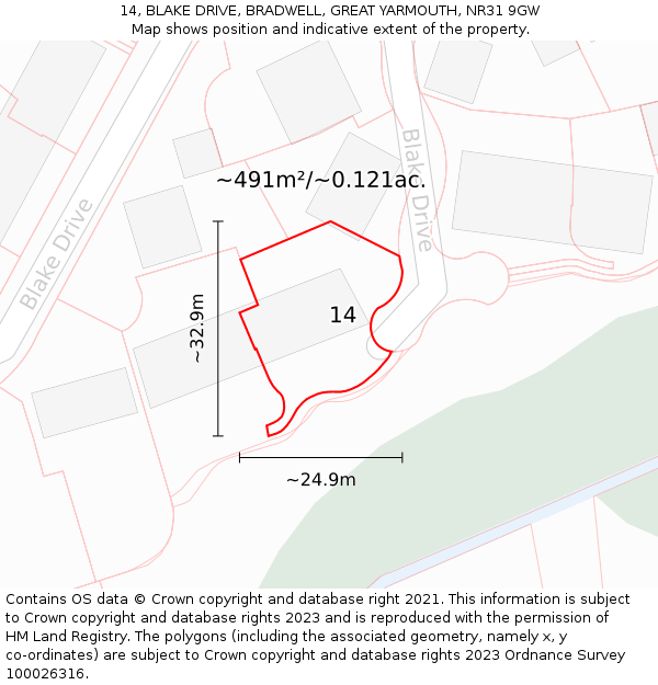 14, BLAKE DRIVE, BRADWELL, GREAT YARMOUTH, NR31 9GW: Plot and title map