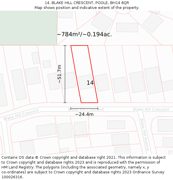 14, BLAKE HILL CRESCENT, POOLE, BH14 8QR: Plot and title map