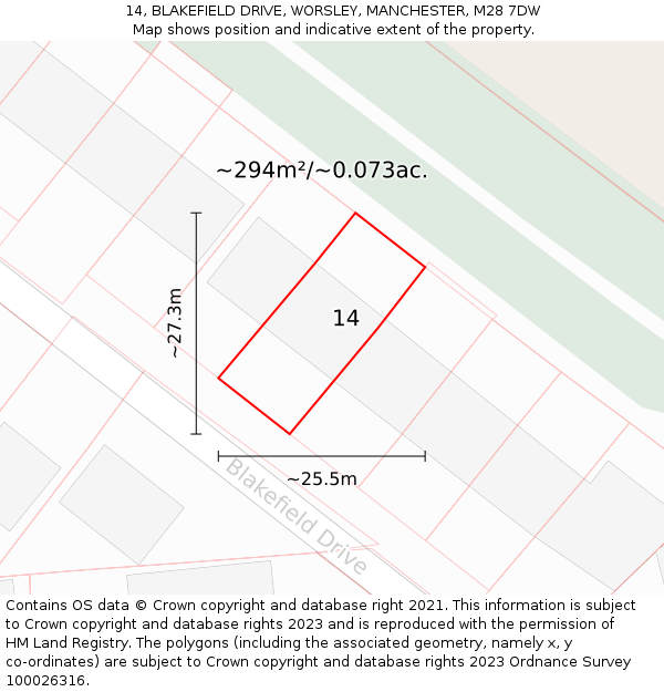 14, BLAKEFIELD DRIVE, WORSLEY, MANCHESTER, M28 7DW: Plot and title map