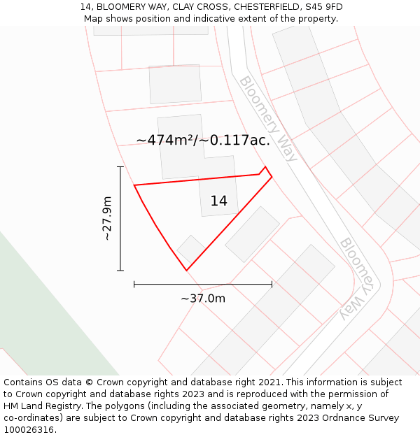 14, BLOOMERY WAY, CLAY CROSS, CHESTERFIELD, S45 9FD: Plot and title map