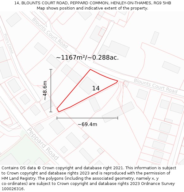 14, BLOUNTS COURT ROAD, PEPPARD COMMON, HENLEY-ON-THAMES, RG9 5HB: Plot and title map