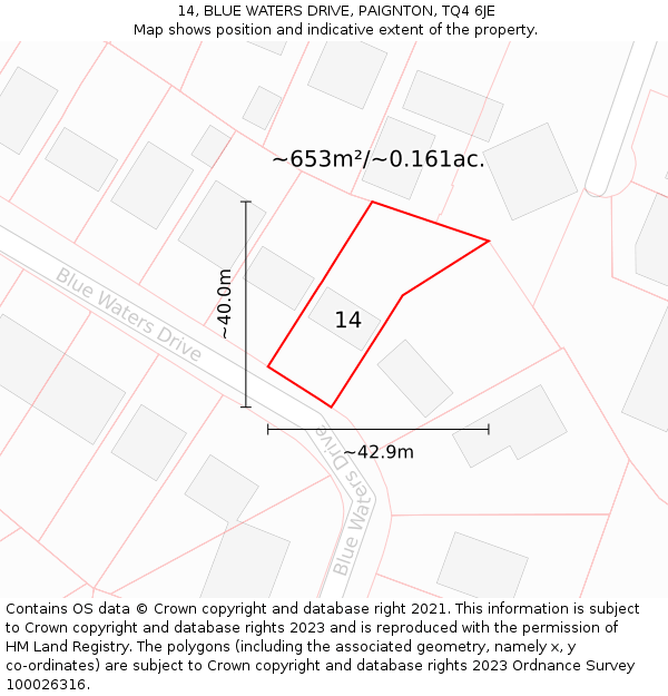 14, BLUE WATERS DRIVE, PAIGNTON, TQ4 6JE: Plot and title map