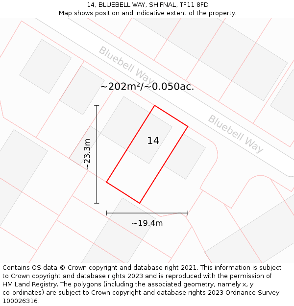 14, BLUEBELL WAY, SHIFNAL, TF11 8FD: Plot and title map