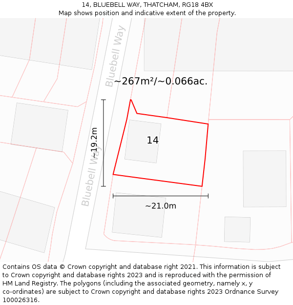 14, BLUEBELL WAY, THATCHAM, RG18 4BX: Plot and title map