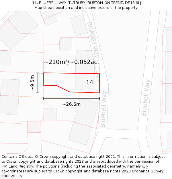 14, BLUEBELL WAY, TUTBURY, BURTON-ON-TRENT, DE13 9LJ: Plot and title map