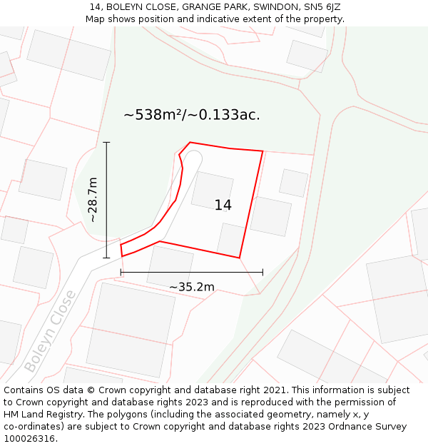 14, BOLEYN CLOSE, GRANGE PARK, SWINDON, SN5 6JZ: Plot and title map