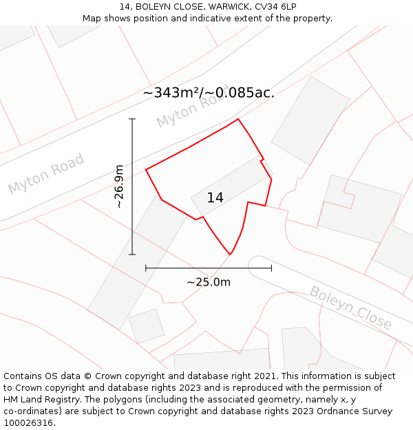 14, BOLEYN CLOSE, WARWICK, CV34 6LP: Plot and title map