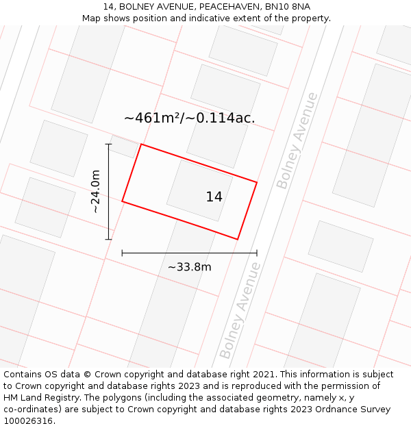 14, BOLNEY AVENUE, PEACEHAVEN, BN10 8NA: Plot and title map