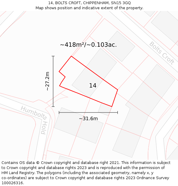 14, BOLTS CROFT, CHIPPENHAM, SN15 3GQ: Plot and title map