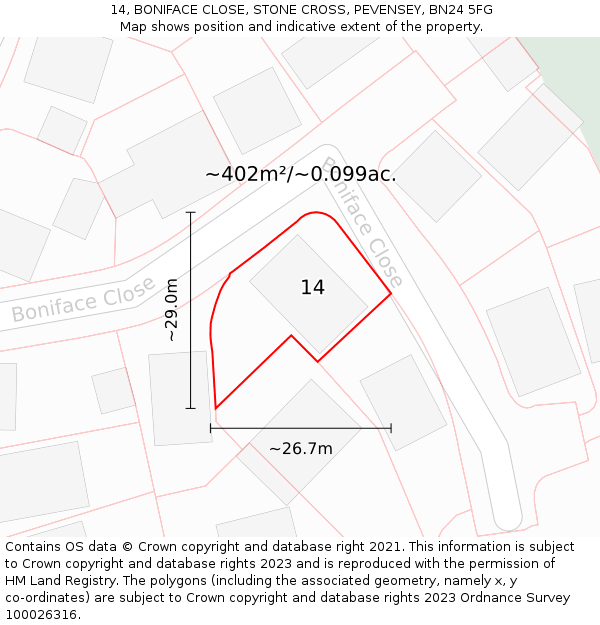 14, BONIFACE CLOSE, STONE CROSS, PEVENSEY, BN24 5FG: Plot and title map