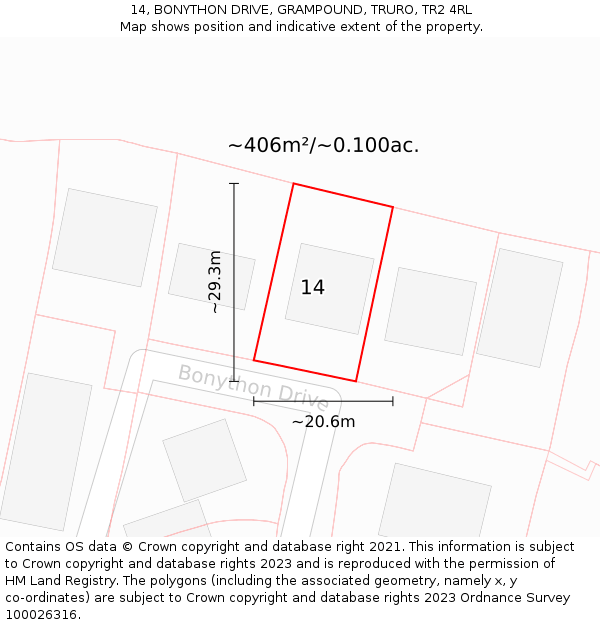 14, BONYTHON DRIVE, GRAMPOUND, TRURO, TR2 4RL: Plot and title map