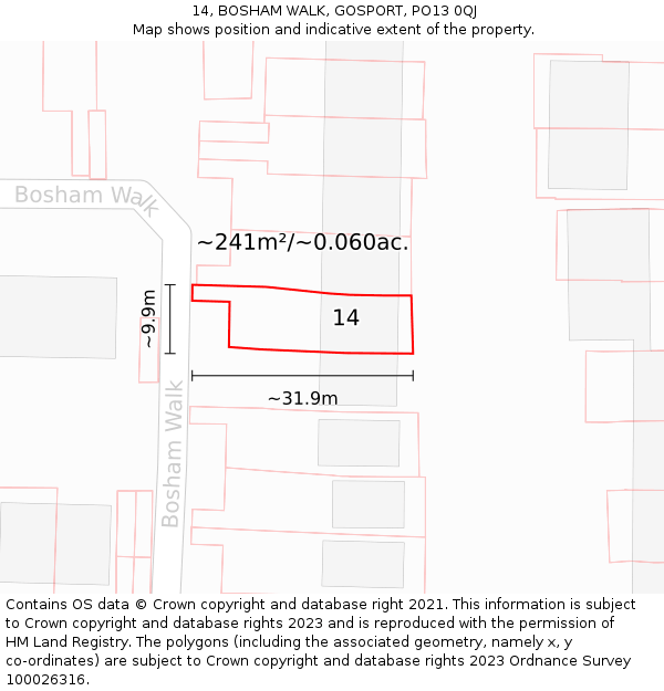 14, BOSHAM WALK, GOSPORT, PO13 0QJ: Plot and title map