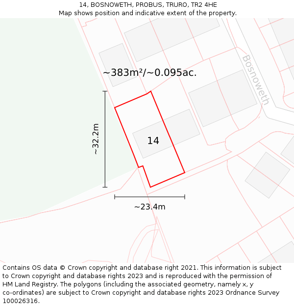 14, BOSNOWETH, PROBUS, TRURO, TR2 4HE: Plot and title map