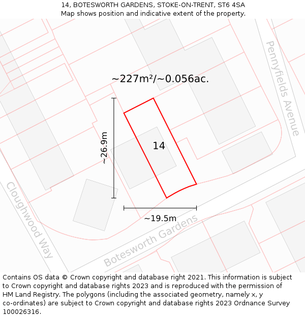 14, BOTESWORTH GARDENS, STOKE-ON-TRENT, ST6 4SA: Plot and title map