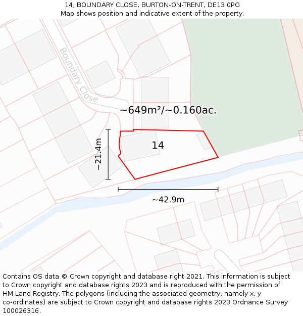 14, BOUNDARY CLOSE, BURTON-ON-TRENT, DE13 0PG: Plot and title map