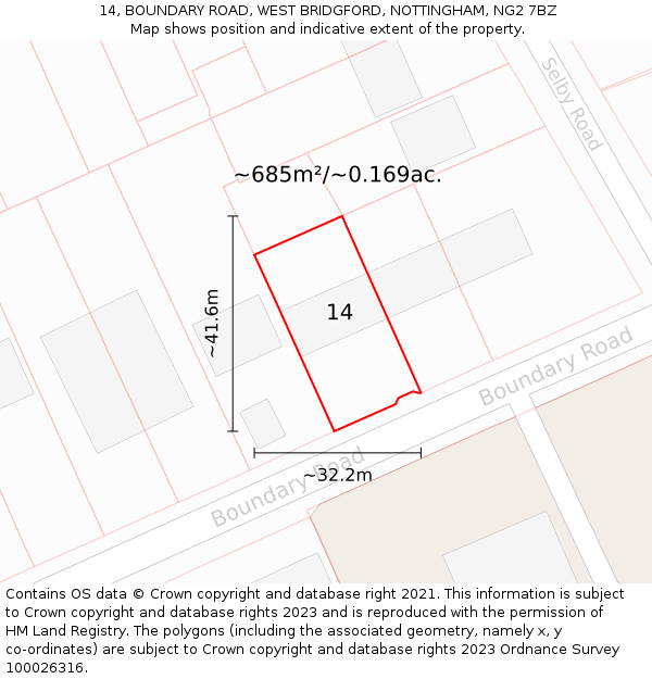 14, BOUNDARY ROAD, WEST BRIDGFORD, NOTTINGHAM, NG2 7BZ: Plot and title map