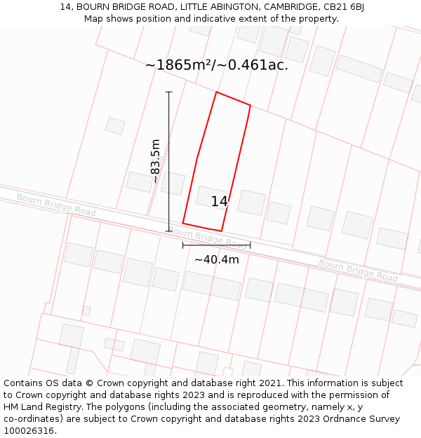 14, BOURN BRIDGE ROAD, LITTLE ABINGTON, CAMBRIDGE, CB21 6BJ: Plot and title map