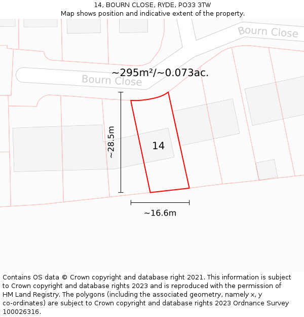 14, BOURN CLOSE, RYDE, PO33 3TW: Plot and title map