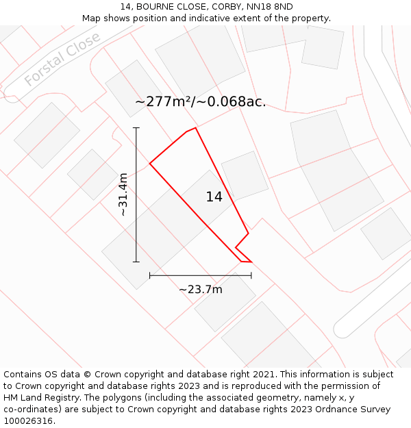 14, BOURNE CLOSE, CORBY, NN18 8ND: Plot and title map