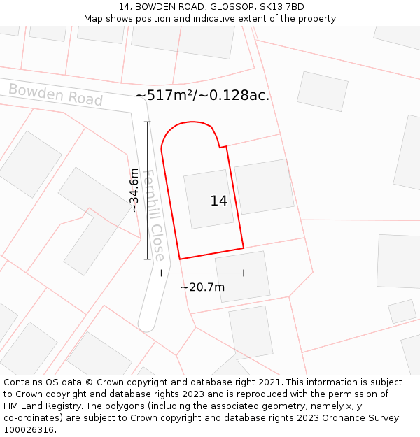 14, BOWDEN ROAD, GLOSSOP, SK13 7BD: Plot and title map