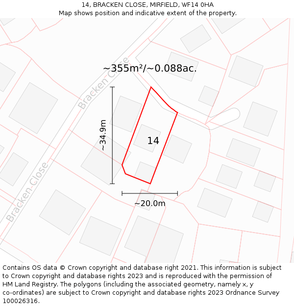 14, BRACKEN CLOSE, MIRFIELD, WF14 0HA: Plot and title map