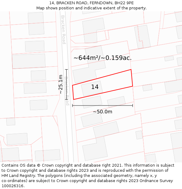 14, BRACKEN ROAD, FERNDOWN, BH22 9PE: Plot and title map