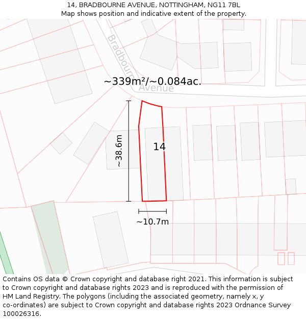 14, BRADBOURNE AVENUE, NOTTINGHAM, NG11 7BL: Plot and title map