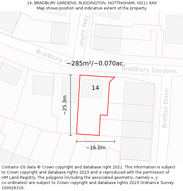 14, BRADBURY GARDENS, RUDDINGTON, NOTTINGHAM, NG11 6AX: Plot and title map