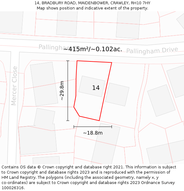 14, BRADBURY ROAD, MAIDENBOWER, CRAWLEY, RH10 7HY: Plot and title map