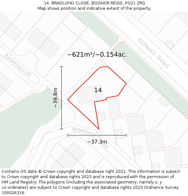 14, BRADLOND CLOSE, BOGNOR REGIS, PO21 2RQ: Plot and title map
