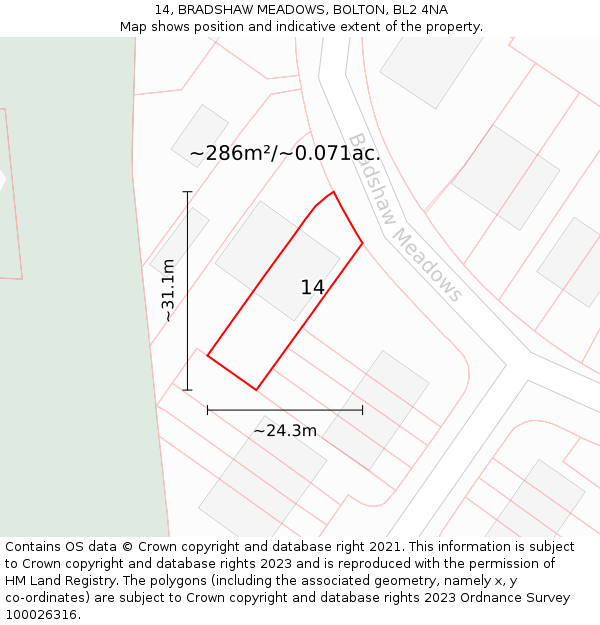 14, BRADSHAW MEADOWS, BOLTON, BL2 4NA: Plot and title map