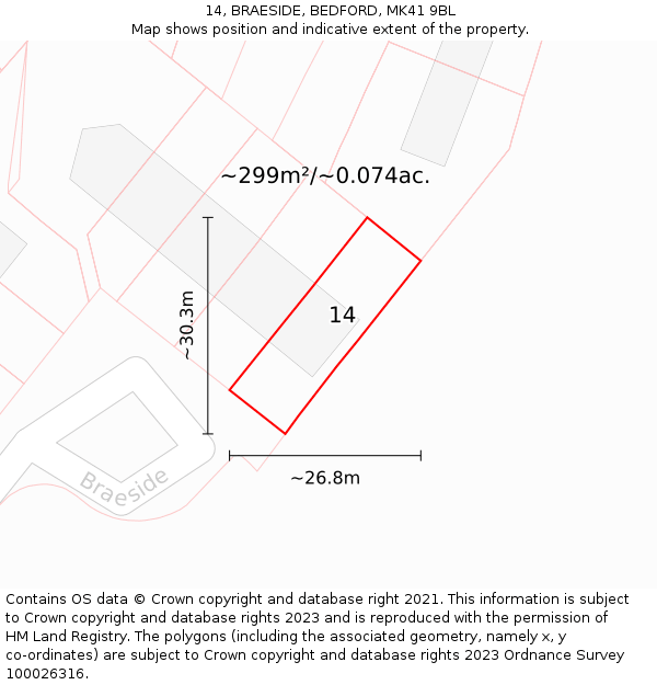 14, BRAESIDE, BEDFORD, MK41 9BL: Plot and title map