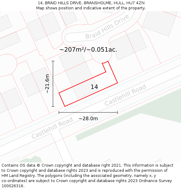 14, BRAID HILLS DRIVE, BRANSHOLME, HULL, HU7 4ZN: Plot and title map