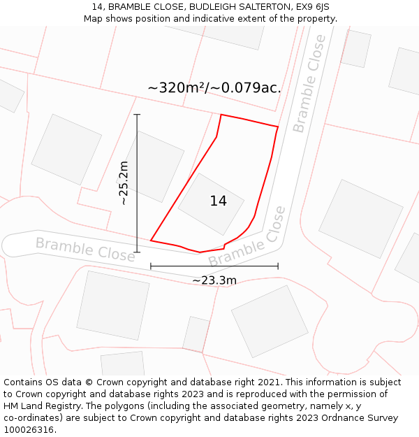 14, BRAMBLE CLOSE, BUDLEIGH SALTERTON, EX9 6JS: Plot and title map