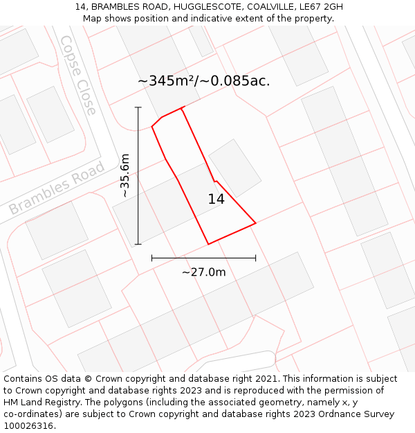 14, BRAMBLES ROAD, HUGGLESCOTE, COALVILLE, LE67 2GH: Plot and title map