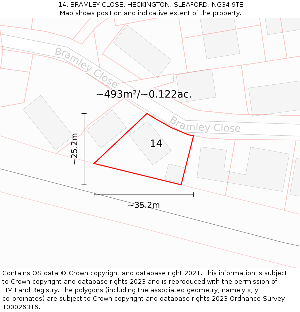 14, BRAMLEY CLOSE, HECKINGTON, SLEAFORD, NG34 9TE: Plot and title map