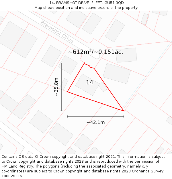 14, BRAMSHOT DRIVE, FLEET, GU51 3QD: Plot and title map