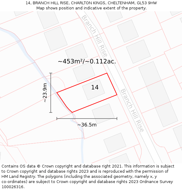 14, BRANCH HILL RISE, CHARLTON KINGS, CHELTENHAM, GL53 9HW: Plot and title map