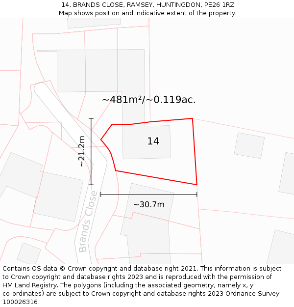 14, BRANDS CLOSE, RAMSEY, HUNTINGDON, PE26 1RZ: Plot and title map