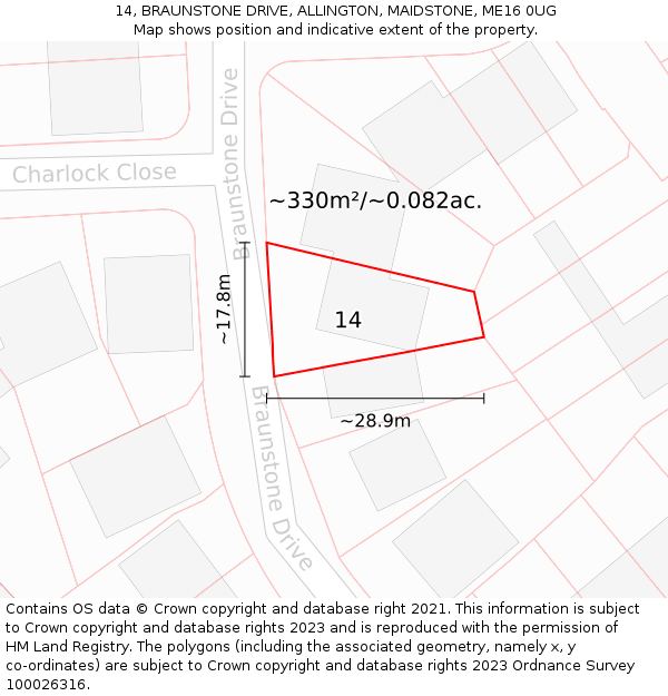 14, BRAUNSTONE DRIVE, ALLINGTON, MAIDSTONE, ME16 0UG: Plot and title map